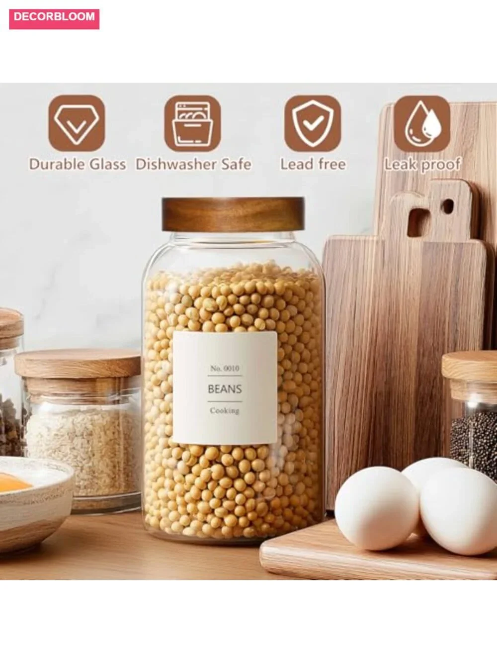Large 88oz Glass Jars Set of 3 with Airtight Acacia Wood Lids